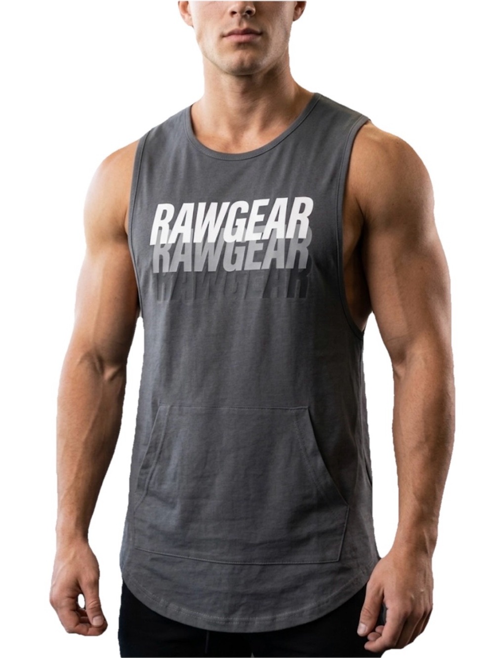 Rawgear Grey & White Logo Men’s Kangaroo Pocket Muscle Tank Gray Size Large